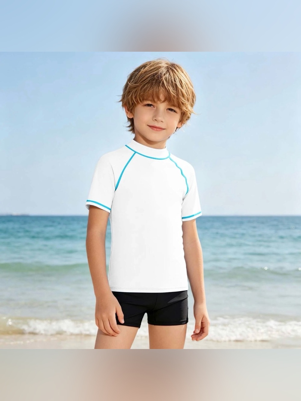 OP Kids White Short Sleeve Rashguard Swim Shirt with Turquoise Trim